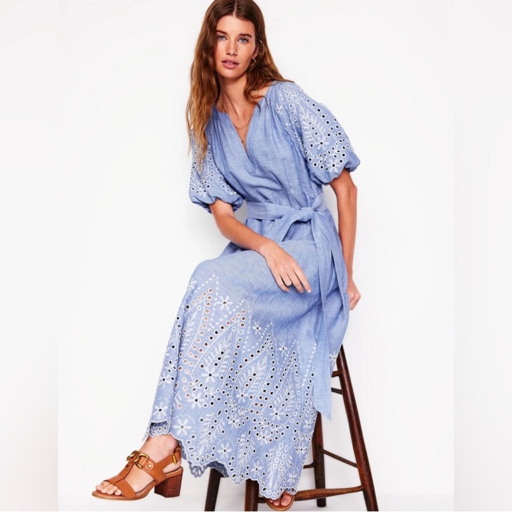 Boden Florence Embroidered Eyelet Blue Dress | Classic Cottage Romance | 8R |